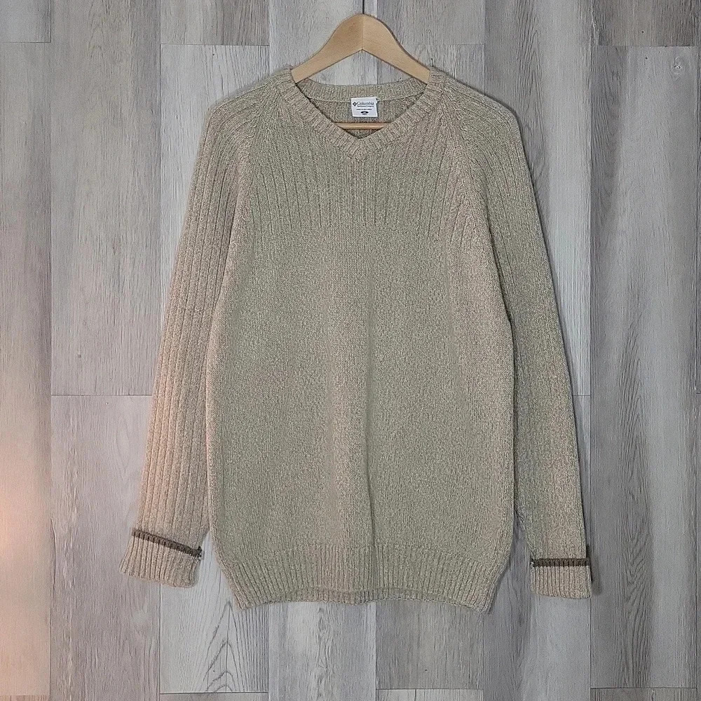Columbia Mens M Tan Chunky Knit Long Sleeve V Neck Sweater Outdoors‎ Casual